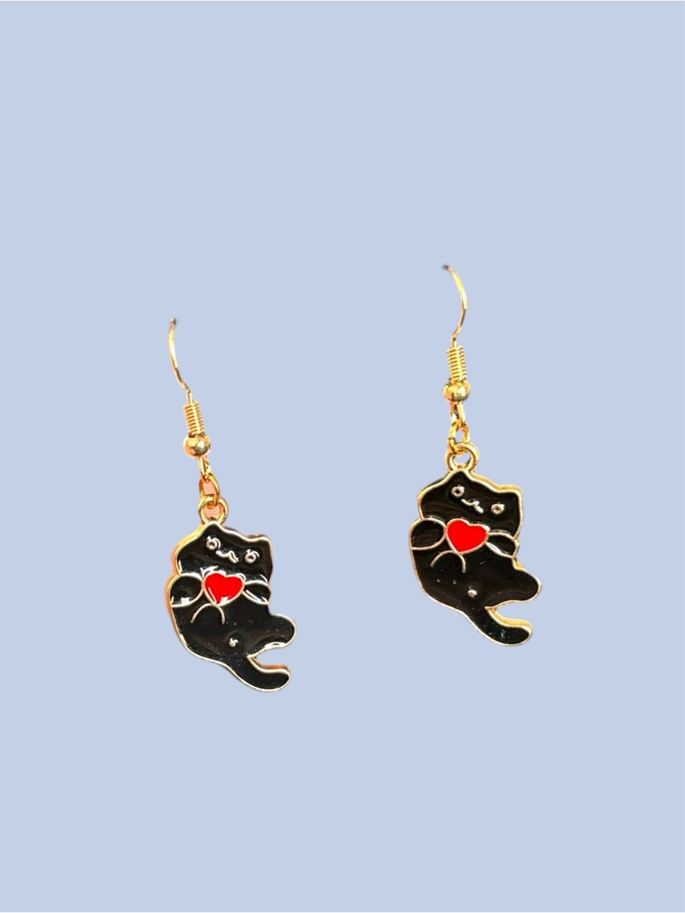 Hand Crafted Black Cat with Heart Dangle Earrings on Gold Hooks - Picture 2 of 2